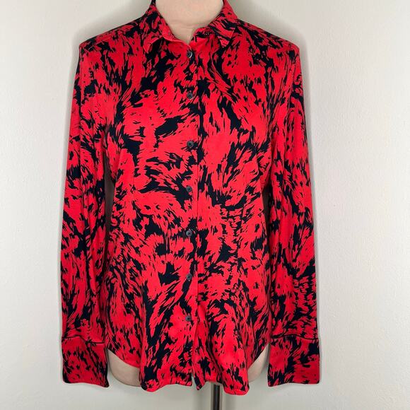 Desoto Designers Choice Top 8 Womens Red Black Abstract Button Up Long Sleeve - Picture 1 of 8